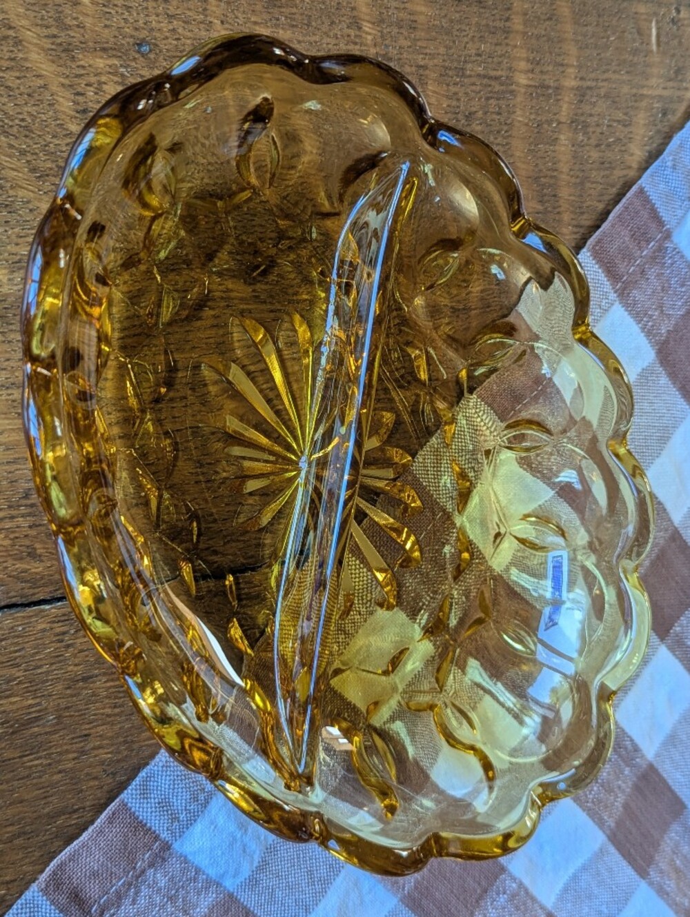VTG 70s Amber Pressed Glass Fairfield Anchor Hocking Divided Serving Relish Dish
